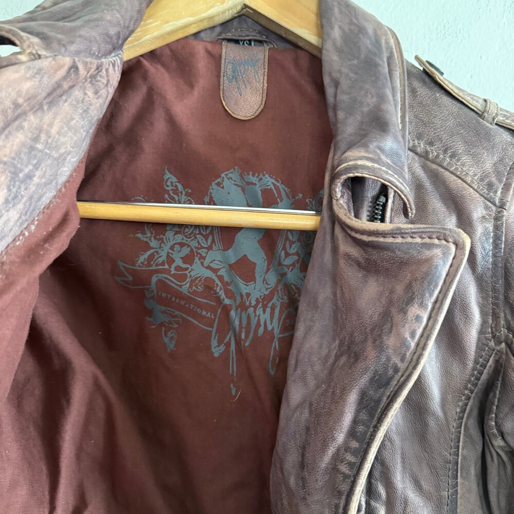Y2K Vintage Gipsy Brown Distressed Leather Moto Jacket Peace Sign Extra Small - Picture 3 of 7